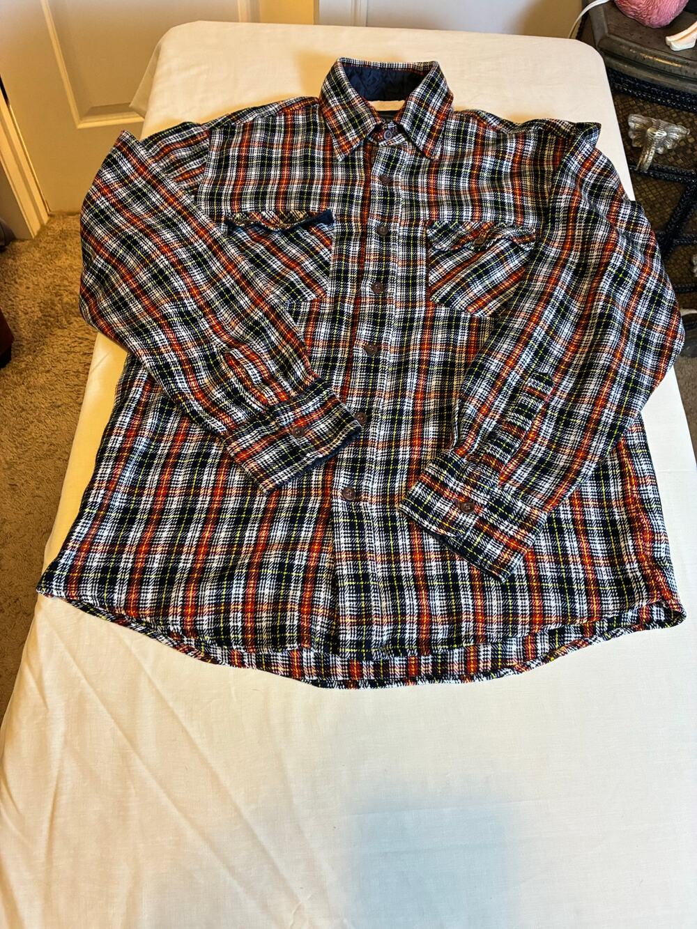 Vintage JCPenney The Mens Shop Flannel Shirt L Plaid Red Black Lined Button Down